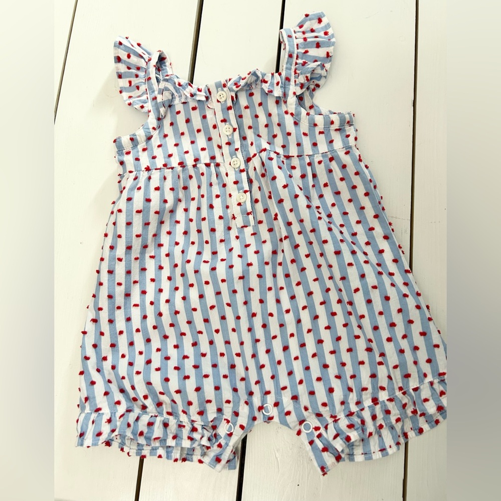 Crown & Ivy Baby Girl  Romper with Blue Stripes and Red Dots